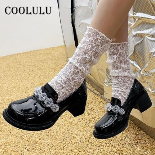 COOLULU Natural Genuine Leather Loafers Shoes Woman High Heels Chunky Heel Dress Pumps Crystal Female Footwear Black Big Size 42