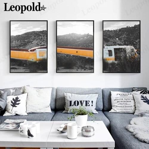 Vintage Gray Mountain Forest Canvas Poster Old Car Landscape Painting Wall Art Nordic Modern Living Room Home Decoration Gift