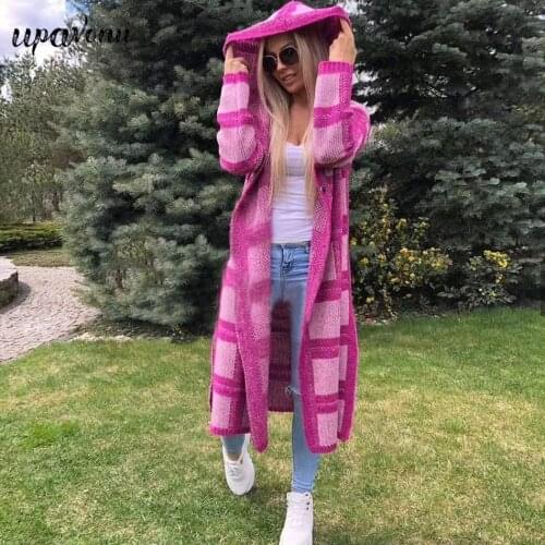 Free Shipping Fashion Hooded Long Knit Jacket 2021 Autumn New Womens Long Sleeve Single Breasted Plaid Cardigan Knit Jacket