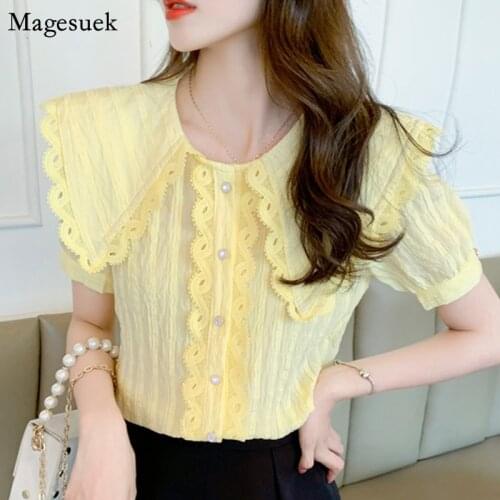 Elegant Doll Collar Lace Blouse Women Summer 2021 Loose Chiffon Shirts Slim Short Sleeve Shirt Korean Sweet Plus Size Tops 15219