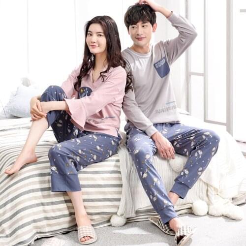Women and men new couple pajamas long sleeve trousers Korean 2019 spring and autumn cotton men and women cute pajama sets