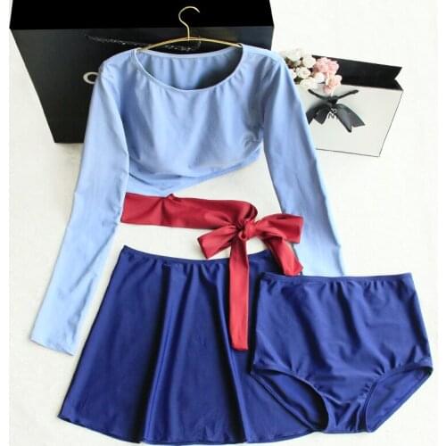 STAERK Swimsuit womens split skirt three piece set summer conservative long sleeve thin meat covered bow girl student swimsuit