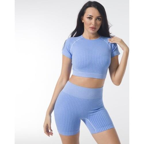 2PCS Seamless Sport Set Women Stripe Crop Top Shirt Shorts Yoga Sport suit Workout Outfit Running Fitness Gym Wear Tracksuit