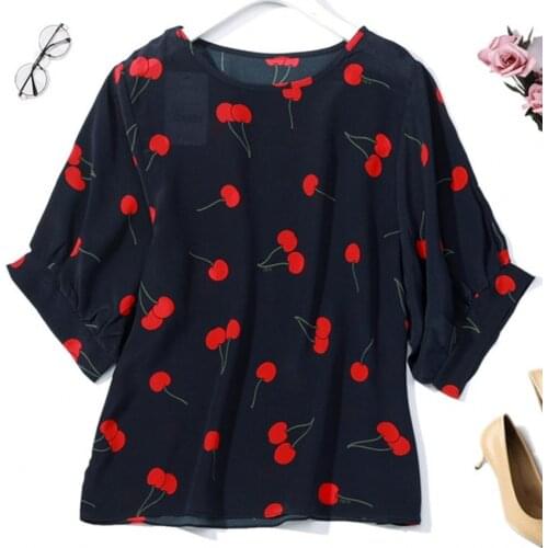 Womens 100% Pure Silk Top Shirt Blouse Crew Neck Ruffle sleeve navy cheery one size JN218