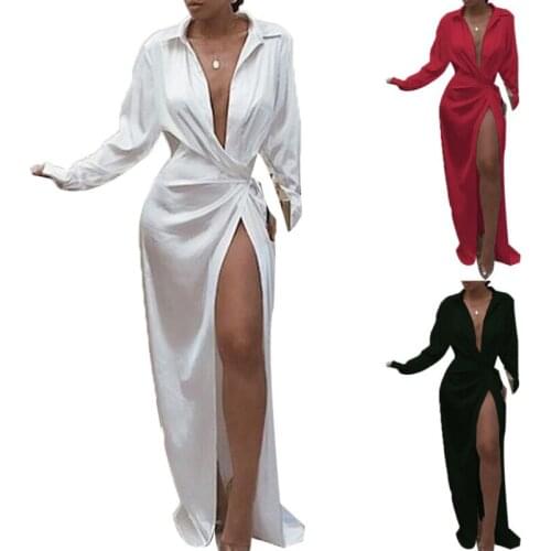 Maxi Dresses Women Autumn 2021 New Cheap Sexy Club Party Dress Turn-down Collar V-neck Floor-Length Slit Hem Ladies Long Dresses