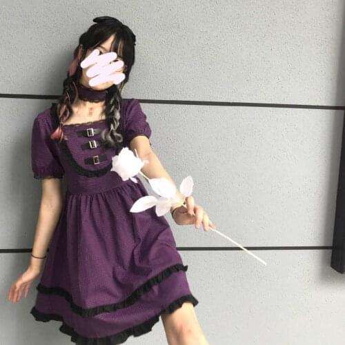 Lady Buckle Short-sleeve Lace Spliced Empire Mini Gothic Dresses Lolita Vestido Women Purple Y2k Plaid Pleated Dress 2021 Summer
