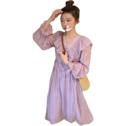 2021 New Bubble Sleeve Large V Neck Three-dimensional Laminated Mint Leaf-collar Flat temperament Small Medium Long Yellow Dress