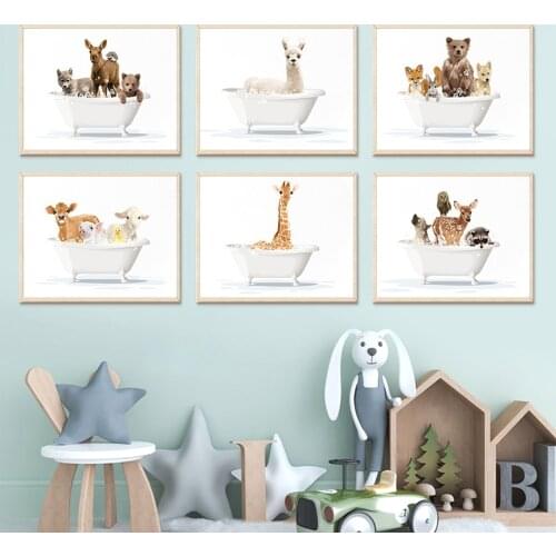 Giraffe Alpaca Panda Animals Bathtub Nursery Nordic Posters And Prints Wall Art Canvas Painting Wall Pictures Child Room Decor