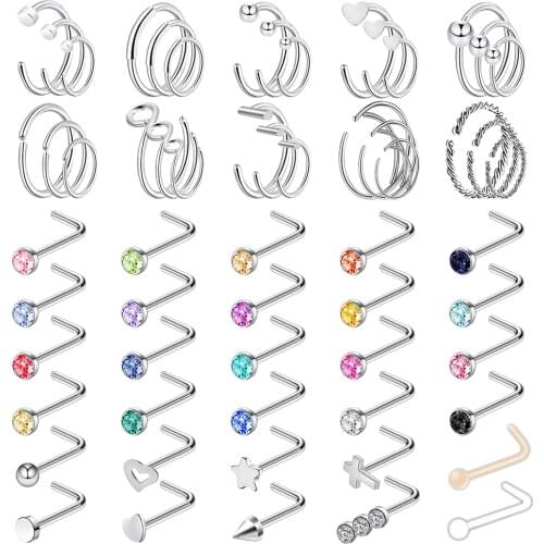 ZS 60pcs/Lot Nose Piercing Rings Stainless Steel Nose Hoops 18G Straight Nose Studs CZ L Shape Nose Piercing Screw Shape Studs