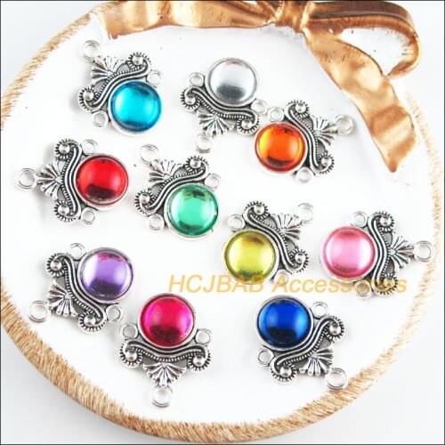10 New Round Charms Mixed Acrylic Flower Connectors Tibetan Silver Tone 18x23mm