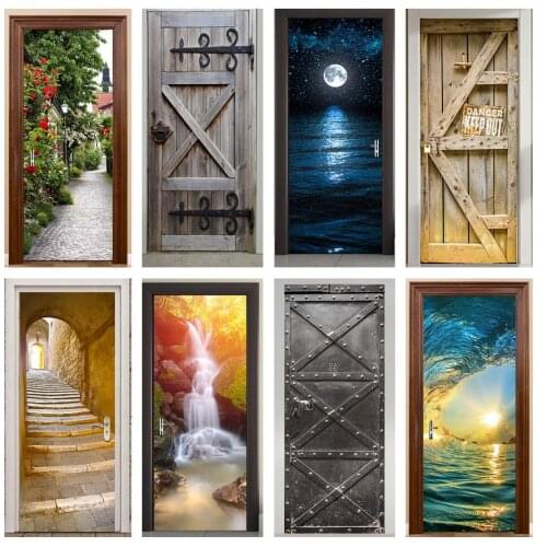 3D Waterfall Scenery Custom Size One Piece Sticker On The door Living Room DIY Self-adhesive Wallpaper Wooden Door Decor Decals