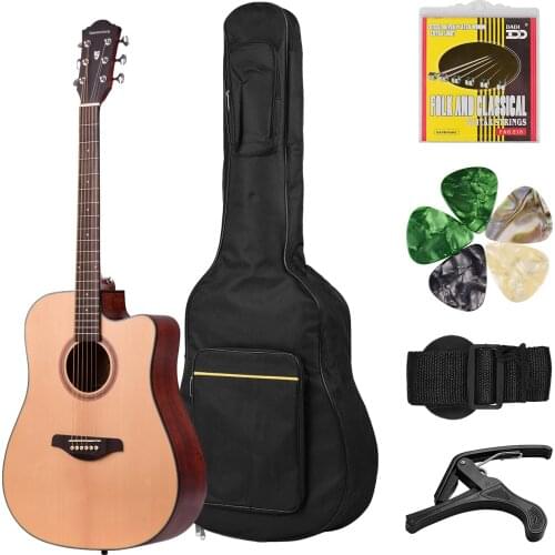 41inch Cutaway Acoustic Folk Guitar Spruce Wood Top Panel Mahogany Wood Backside Panel with Strap Bag Capo Picks Strings