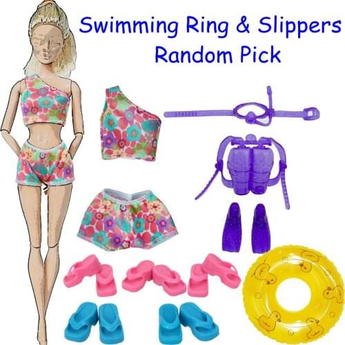8 Pcs /Lot = 1x Swimsuit Bikini + 1x Random Swim Ring + 5x Random Slippers +1x Diving Equipment Accessories for Barbie Doll Toys