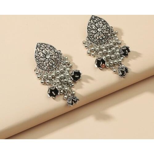 Afghan Vintage Oxized Silver Color Alloy Drop Earrings for Women Bohemian Ethnic Bells Long Tassel Flower Statement Earring