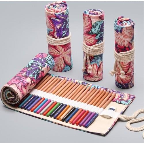 12/24/36/48/72 Holes Roll Colored Pencil Case Canvas Pen Bag Cute Pencilcase Box Art Pen Bag Pouch Stationery Student