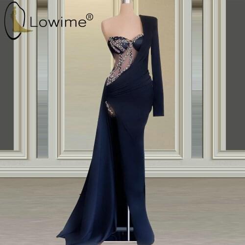 Black One Shoulder Mermaid Evening Dresess 2021 Crystal Sexy Illusion Long Sleeve Evening Gowns Formal Dresses