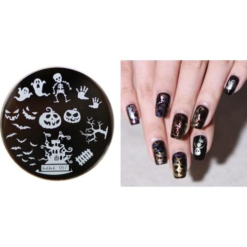 HEHE ! New Stamping Plate hehe57 Halloween Horrible Pumpkin Skull Ghost Bats Nail Art Stamp Template Image Transfer Stamp