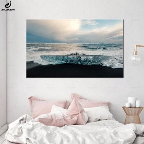 JHLJIAJUN Canvas Painting Modern Wall Art Poster Volcano Beach Beautiful Light Evening Winter Glacier Lagoon Posters Home Decor