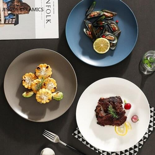 Nordic Style Ceramic Solid Color Household Round Plate Steak Ramen Tray Dinner Plate Fruit Salad Dessert Kitchen Tableware
