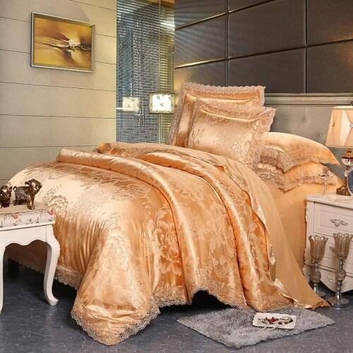 Light Tan Lace Bedding Sets Satin Jacquard Bed Set European Style Bedding Modal Bed Linen Double Bed Rounded Sheet Pillowcases