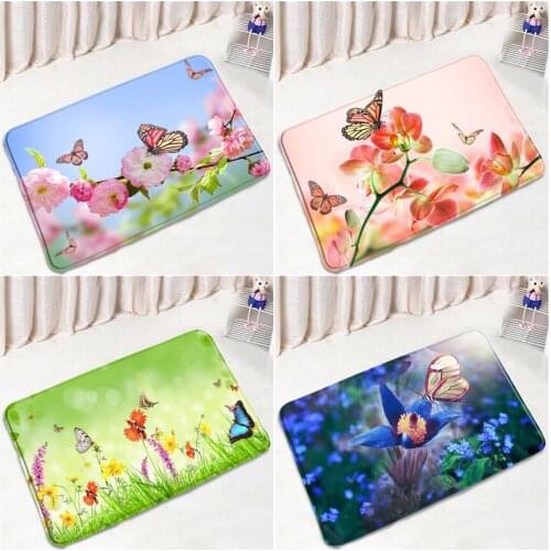 Rural Butterfly Floral Bath Mats Pink Flowers Orchid Natural Scenery Home Entrance Door Pad Bathroom Floor Mat Bathtub Rug Decor