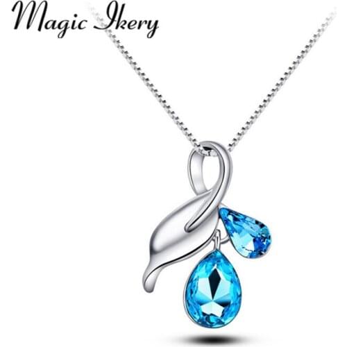 Magic Ikery Genuine Crystal Silver Color Crystal Droplets Small Leaf Pendant Necklace Clavicle MKY199