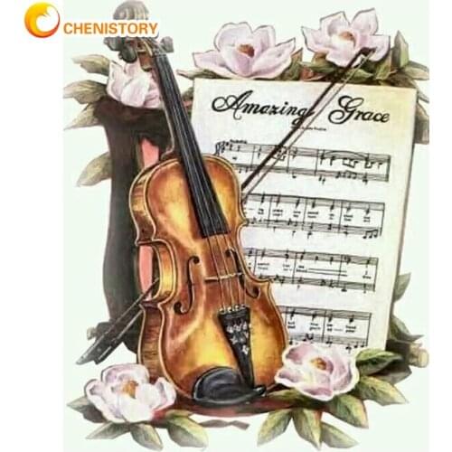 CHENISTORY Diy Oil Paint By Numbers Kits Violin Music Score Landscape Picture By Number HandPainted 40x50cm Frame Home Decors
