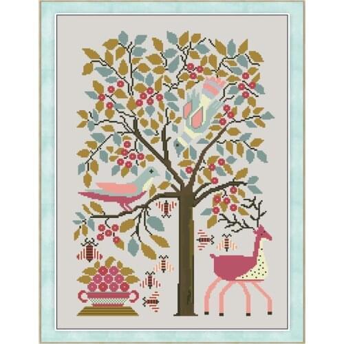 Cross stitch Handmade 14CT Counted Canvas DIY,Cross-stitch kits,Embroidery Elk and Birds under the Tree 37-48