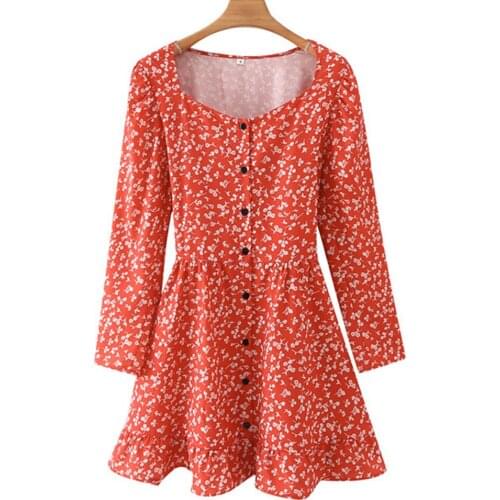 New Sexy Dresses for Women Casual Printed Dress single-breasted Waist Short Square Collar Dresses