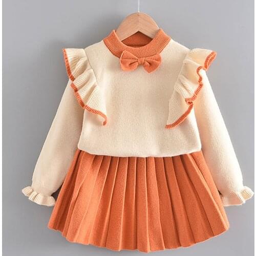 Girls Clothes Bear Leader Girls Winter Clothes Set Long Sleeve Sweater Shirt Skirt 2 Pcs Clothing Suit Bow Baby Outfits for Kids