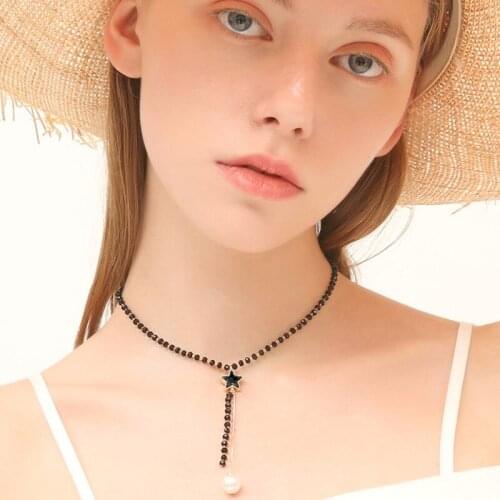ARLIE Long Tassel Crystal Choker Necklaces for Women Bijoux Black Star Pearl Pendant Necklaces New Statement Jewelry Party Gifts
