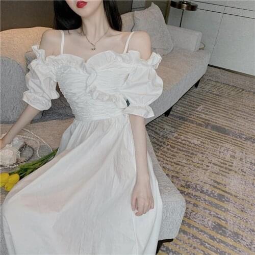 New Sexy Summer Retro White Print Pink Suspender Dress Retro Ruffled Slash Neck A Line Strap Dress Puff Sleeve Holiday Dress