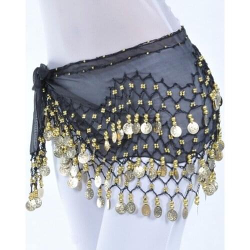 Adult Women Bling Bellydance Costume 128Pcs Coins Waist Chain Dance Skirt Hip Scarf Chiffon Belly Dance Belt Dancing Accessories