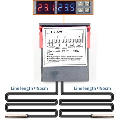 STC-3008 Dual Digital Temperature Controller Two Relay Output Thermostat Thermoregulator 10A Heating Cooling 12V 24V 220V