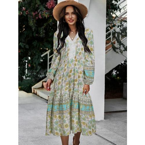 KHALEE YOSE Floral Boho Vintage Midi Dress Long Sleeve Spring Women Dresses Hollow Out Split Sexy Ladies Casual Female Dress