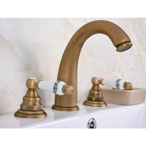 Vintage Antique Brass 2 Ceramic Handle Deck-Mount 3 Hole Widespread Bathroom Lavatory Bathtub Basin Faucet Sink Mixer Tap dan079