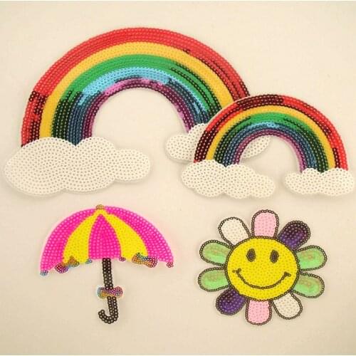 Embroidered Sew-On Patches For Clothes Rainbow Sunflower DIY Motif Applique Sticker Sequins Sequined Handmade