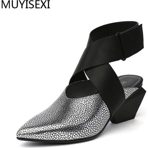 Ankle Bandage Strap Women Pumps Close Pointed Toe Chunky Strange Heel 6cm Retro Lady Sandals Dress Party Shoes HL118 MUYISEXI