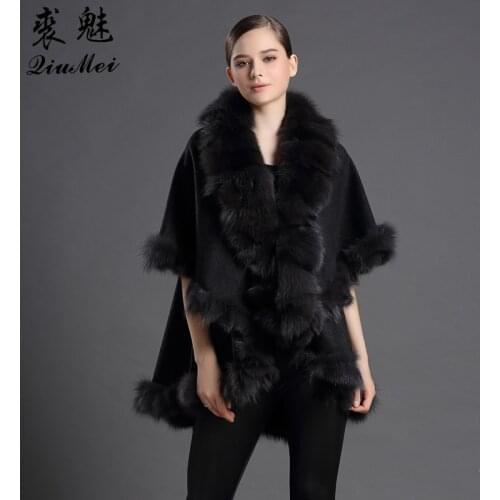 Gennuine Women Fur Scarves & Shawl Cashmere Real Fox Fur Cachecol Half Sleeve Warm Female Wool Pashmina Long ponchos & Cape