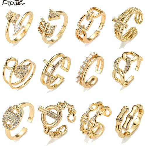 Pipitree CZ Zircon Open Size Cross Geometric Ring for Women Female Copper Gold Color Wedding Rings Hip Hop Jewelry Dropshipping