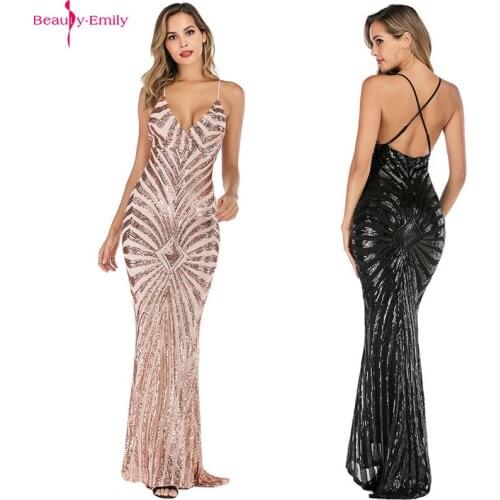 Beauty Emily Sexy V Neck Open Back Mermaid Evening Dress Charming Spaghetti Strap Sleeveless Slim Formal Party Dress Vestidos