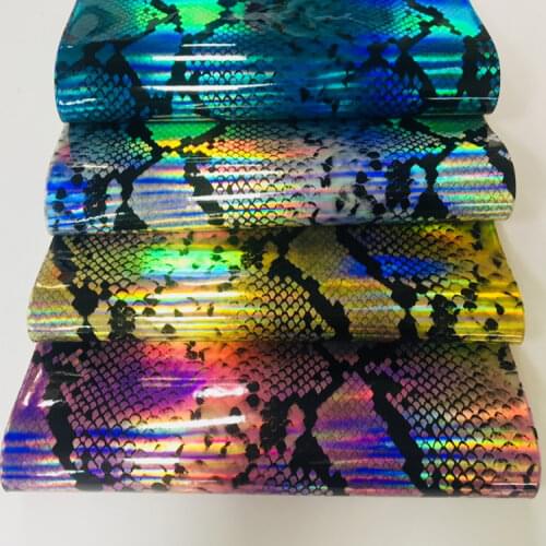 Snake Skin Mirror Holographic Laser Metallic PU Printed Synthetic Leather Fabric By Yard for Making Hair Bow/Shoe/Handbag