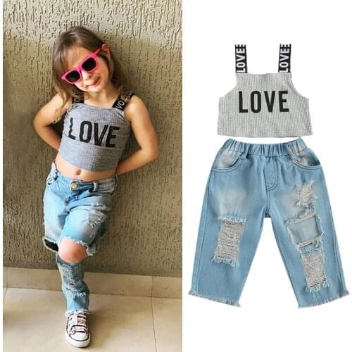 1-6Years Fashion Kids Girls Summer Clothes Children Girls Outfits Letter Print Knitted Tanks Tops+Ripped Hole Denim Long Pants