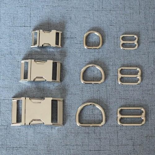 10 Sets 15mm 20mm 25mm Silver Metal Hardware D Ring Adjuster Belt Strap Slider Release Buckle For Paracord Dog Collar Accessory
