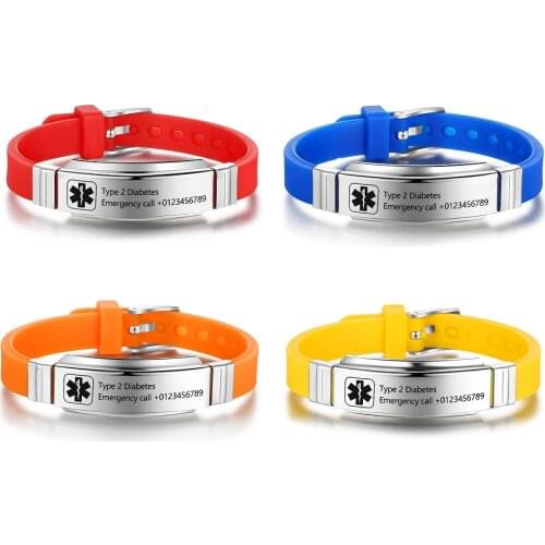 4 Colors Engraved Medical Alert ID Bracelet for Kids Adult Stainless Steel Tag Silicone Wristband DIABETES EPILEPSY Emergency