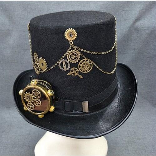 Black Steampunk Retro Vintage Fedora Top Hat Men Women Gothic Hats With Gears Googles Alloy Chain Party Hat Accessories