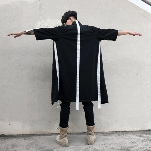 Night club DJ singer punk hiphop long shirt ribbon patchwork street style jacket cape men harajuku casual long cardigan cloak
