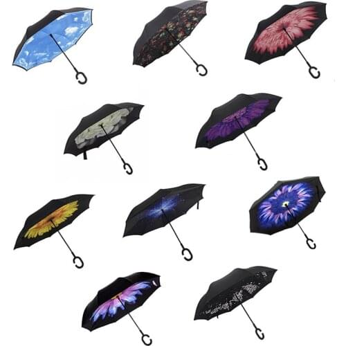 Women Umbrella Folding Reverse Double Layer Fabric Windproof Inverted Umbrella Self Stand Fold Inside Out Rain Protection C-Hook