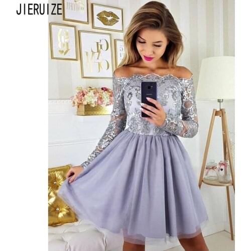 JIERUIZE Elegant Short Evening Dresses Off Shoulder Long Sleeves Zipper Back Appliqued Blue Mini Prom Dresses robe de mariee