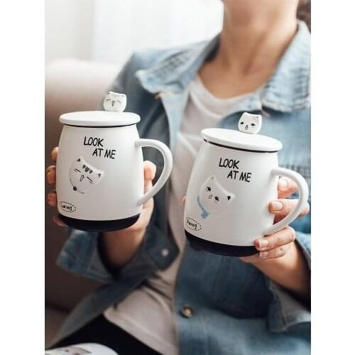 Cute cute ceramic tea milk coffee cup personalized creative household large capacity couple water mug spoon with cover gift box